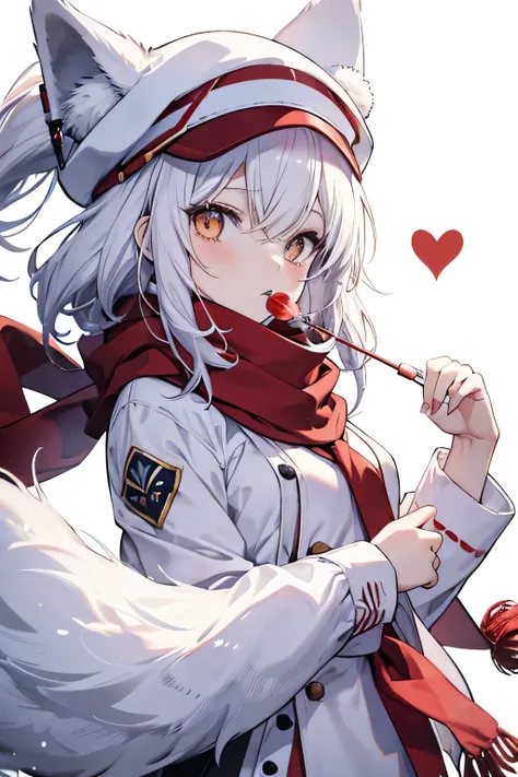 Anime girl, has 2 ear rabbit, has a red scarf, has white hair, has candy in his mouth, wears a hat white caption , love news , white wolf tail , has a hat valkyrie 