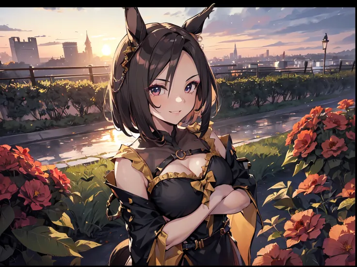 (Solo:2), (1 female:2), (Durandal), (Short fingers, short arms, short legs), (Horse ears), (Arms crossed), (Smiling, looking at camera), (Castle red garden), (Sunset), (Focus on chest), (Carefully drawn, amazing artwork, best quality, high resolution, 8K, ...
