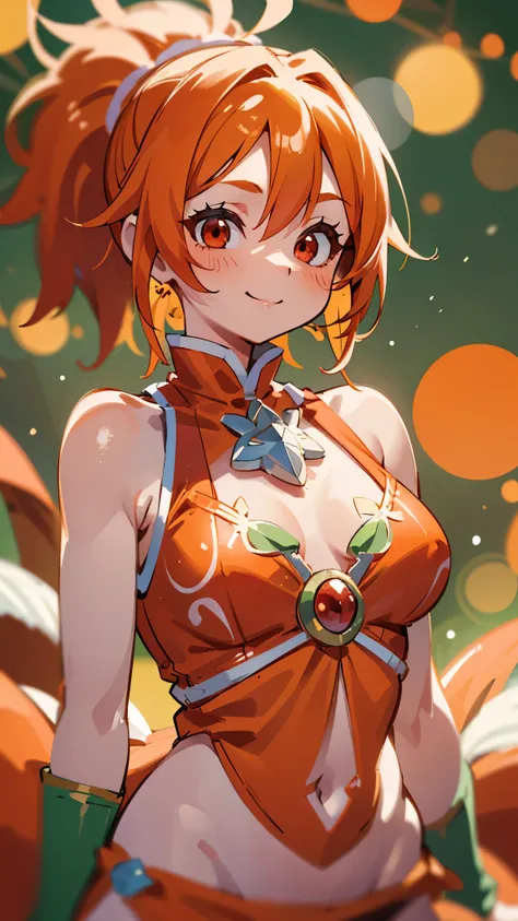  1 girl、8k、 sharp focus、(Bokeh) ( top quality ) ( detailed skin:1.3) ( Intricate Details) (anime)、 orange clothes 、 orange hair、 ponytail、Round red eyes、 wicked smile、 small breasts、 sleeveless clothes、 loincloth、Shrimp mascot、 upper body closeup