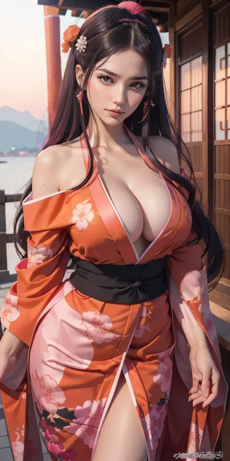 (ultra realistic photo of Nezuko kamado goddess of beauty, bright pink eyes, angry angry expression, 8K,  Ultra high definition , beauty with ultra giant breasts, enormes pechos largos que sobresalen del kimono., with long black hair and orange tips , Dark...