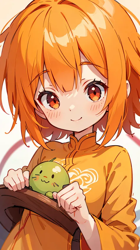  1 girl、8k、 sharp focus、(Bokeh) ( top quality ) ( detailed skin:1.3) ( Intricate Details) (anime)、 orange tunic alone watching viewers、 orange hair、Round red eyes、 wicked smile、 upper body closeup