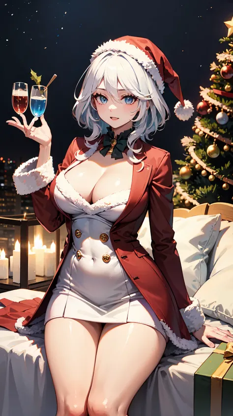 furina, white hair, thighs, night, outdoor, cleavage, christmas, santa klaus, sexy