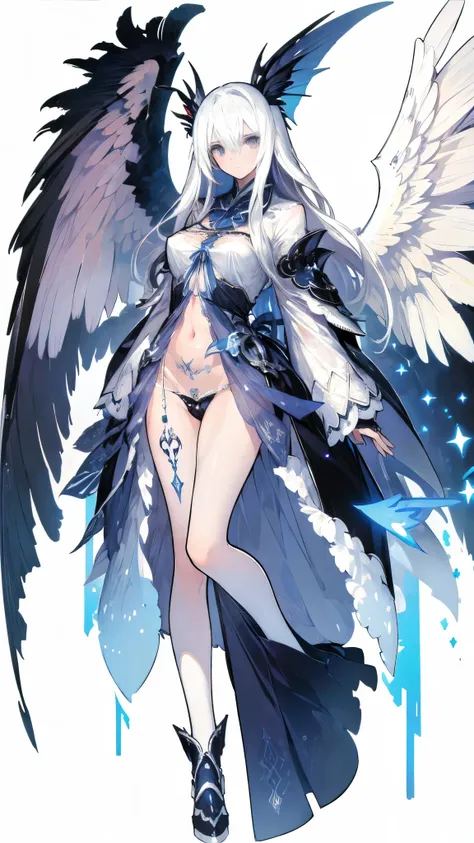 ((masterpiece，  Best Quality ))，Angel， pure white background，Wings of Steel， detailed facial under panties，warrior，REFRIGERATE ，whole body，  perfect body proportions ， glowing eyes ， Sexy ，Tattoo，Extremely beautiful，transparent，sexy