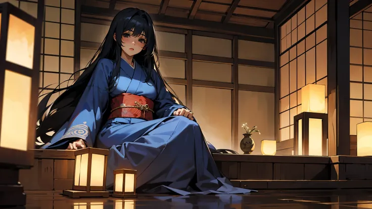 a girl,1girl,black long hair with ancient Japanese-style,black eyes,wearing blue kimono with blosssom patterns, sitting, play shamisen,background:night,an ancient Japanese-style wooden house. half body style picture,look at viewer. warmth light,dim light ư...