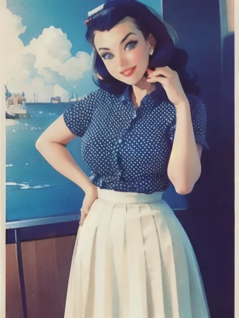 a woman in a polka dot shirt and a skirt posing for a picture, wide skirts, retro and ethereal, 50s style, cream colored blouse, 5 0 s style, midi skirt, pinup style, by Edward Avedisian, retro 5 0 s style, retro style ”, 1 9 5 0 s style, vintage clothing,...