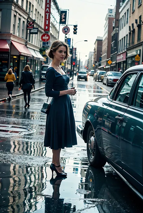 (( a scene from a 1950s movie、Vivid and detailed watercolors 、masterpiece、 paint realistically accurately with all detailed details))、( 1950s New York boulevards 、Wet road surface、Cadillac、Leaning back on cars、 1950s fashion 、tall young beautiful woman、Car...