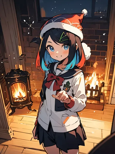 Alone, upperbody ,ph-liko,medium hair,multicolored hair,hairclip,brown school uniform,jacket shirt shorts,
blue eyes, Santa Claus costume、 Santa Claus hat、 Christmas、 Christmasプレゼント、smile、indoor、fireplace、Party,(manga style),(sketch),(illustration),