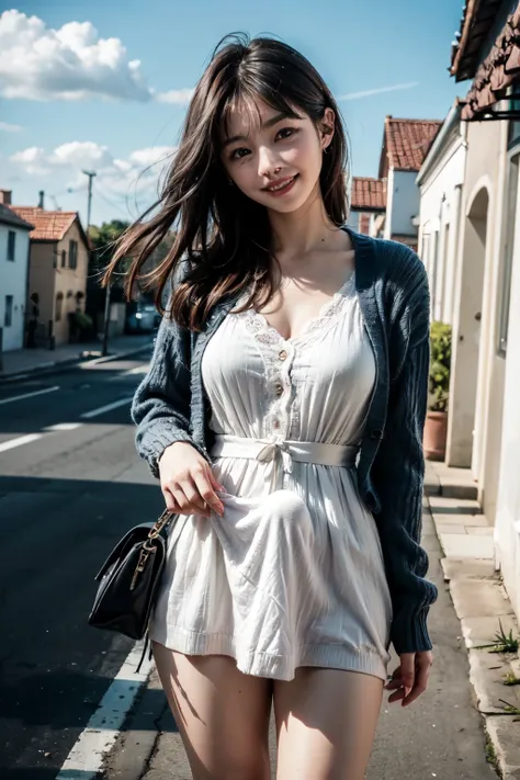  Very Cute and Beautiful Girls ,( Extremely Detailed Beautiful Faces ),
white summer dress with ruffles 、With delicate lace,( navy blue cardigan), standing,
Coastal Town Street Roadside ,port,Marina,Beautiful summer sky,
(smile:1.2), happy , black hair, mi...