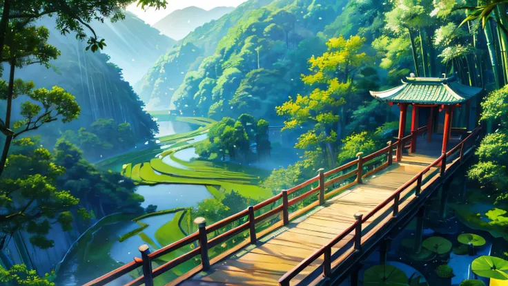 Pure landscape view、bamboo forrest、It was raining in the bamboo forest、bamboos、Bamboo leaves fall everywhere、Beautiful artistic conception、precipice、Green、Steps are clearly visible、China-style、Chinese characteristics、Pond lotus