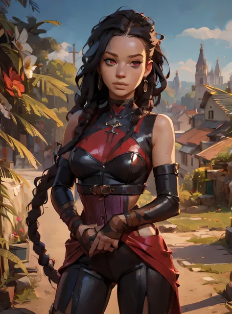 young aztec girl that looks like a 18-year-old Jennifer Lawrence in black medieval Spanish latex catsuit with frills, red pinstripes, puffed sleeves and jabot, purple corset and a skater skirt, cute face, toned, mongol girl, pointy chin, big eyes, olive sk...
