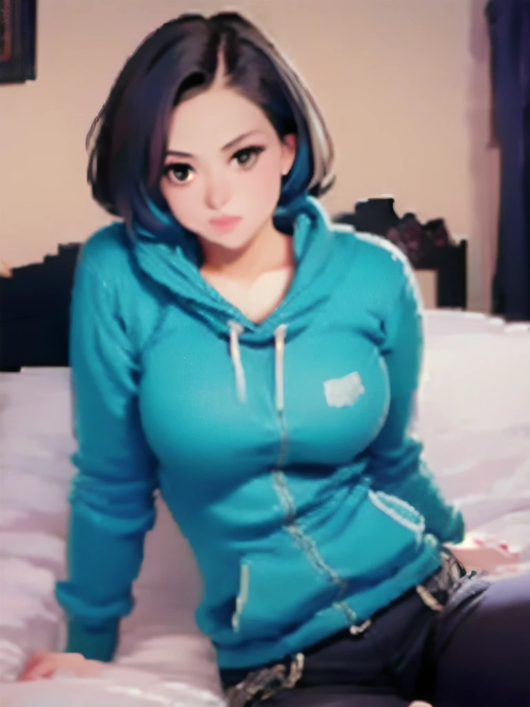 (pixelart: 1.2), beautiful gothic women, sexy goth girl, designer sweatshirt coat with logos, pants, short black hair with blue tips, bedroom, lying in bed, (by Isaac quek: 0.8) [by Ilya Kuvshinov: 0.65]