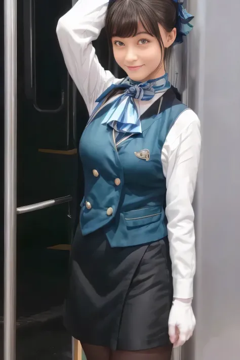 ( masterpiece :1.2,  top quality :1.2), 32kHDR,  kampala, (Alone、  1 girl)、（what 、  Professional Lighting ）、In-flight background、（Nankai Train crew uniformを着たリアルなスタイル）、（（Nankai Train crew uniformのグリーンのベスト））、（（ Nankai Train Crew Uniform Collarless White Lon...