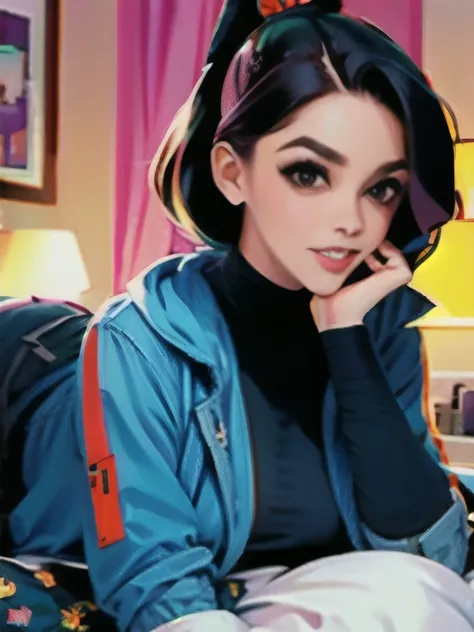 (pixelart: 1.2), beautiful gothic women, sexy goth girl, designer sweatshirt coat with logos, pants, short black hair with blue tips, bedroom, lying in bed, (by Isaac quek: 0.8) [by Ilya Kuvshinov: 0.65]