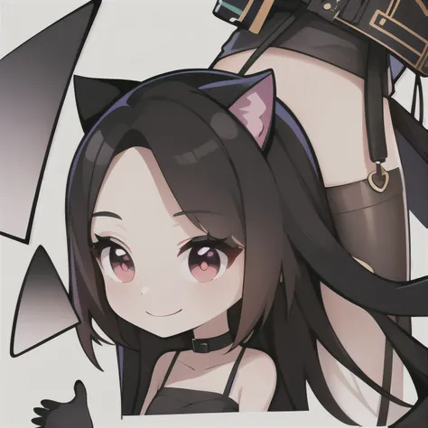 master, chief 1girl, black long hair,cat ears, red eyes, twitch emote, smile ,cartoon, chibi,  