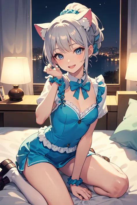 ちびキャラ 22yo at night sit in a bed 
cat costume hy ponytail paw pose palm 
solo focus 1girl solo small breasts
slim　round face 
double eyelids eyeshadow Skyblue eyes small nose
updo gray hair big smile  loafers scrunchie  bending over
