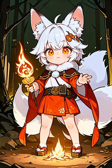 A humanoid fox adventurer in a fantasy forest setting, with pointed fox ears and a fluffy tail, wearing a light leather cloak adorned with leaves and mystical patterns. The character has vibrant orange and white fur with glowing amber eyes, fox-like facial...