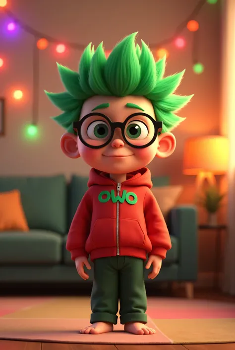 ((picture taken from the front)) a girl, 3D animation with a vibrant color vibrant, standing a cute and nerdy, with big round glasses, wearing a red jacket with "owo" printed in bright green on it, dark green trousers, and spiky bright green hair, barefoot...