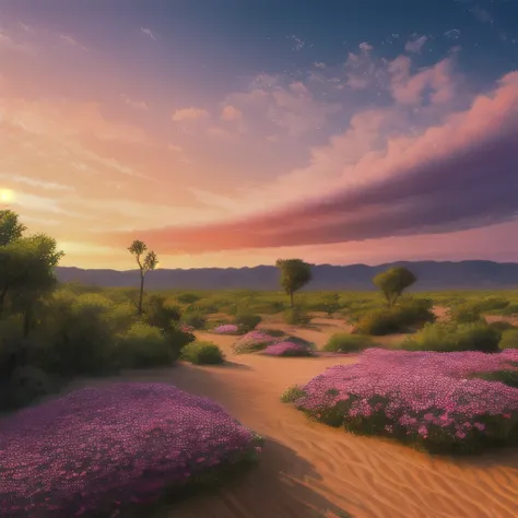 samdoesart, Summer, desert, pink clouds, a land overgrown with roses, James Gurney, art station rendering, ultra-wide lens, high definition
