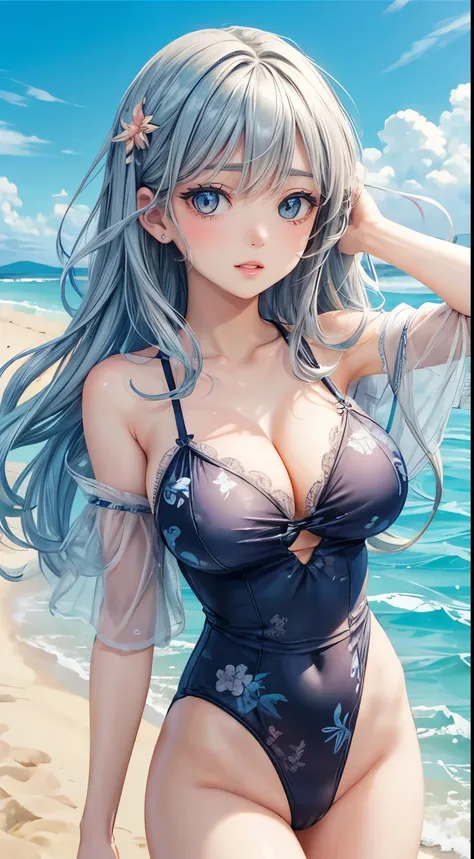 ( top quality , masterpiece:1.2),  perfect body, huge breasts,  Charming Women , 上部にリボンのついたsea軍と白のストライプの水着,  cute,  happy ,  Beach , sea, null, city nullline, Detailed description