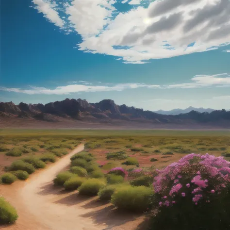 samdoesart, Summer, desert, pink clouds, a land overgrown with roses, James Gurney, art station rendering, ultra-wide lens, high definition
