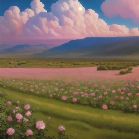 samdoesart, Summer, desert, pink clouds, a land overgrown with roses, James Gurney, art station rendering, ultra-wide lens, high definition
