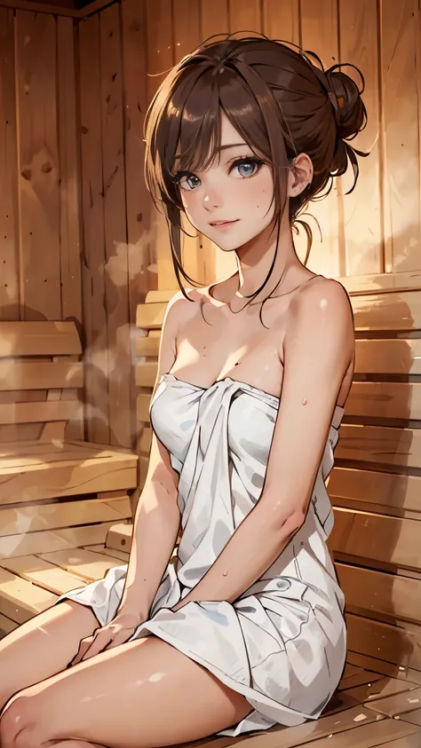( only one woman ):1.5, (sauna:1.3), (whole body:1.3), (Hair Bun, dark brown hair ), ( top quality, actual :1.4, desktop:1.3, original photo:1.2, cinematic lights , highly detailed illustration), (A carefully painted face, Super beautiful maid, very ...