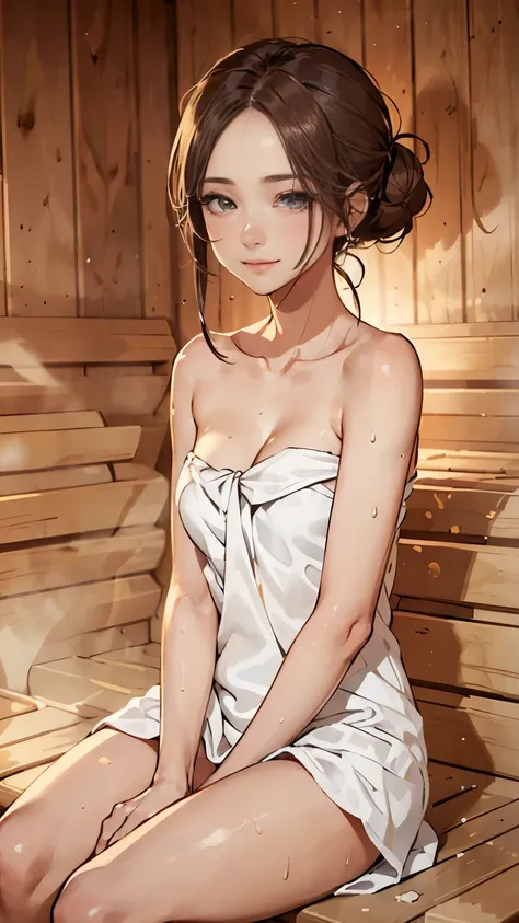 ( only one woman ):1.5, (sauna:1.3), (whole body:1.3), (Hair Bun, dark brown hair ), ( top quality, actual :1.4, desktop:1.3, original photo:1.2, cinematic lights , highly detailed illustration), (A carefully painted face, Super beautiful maid, very ...