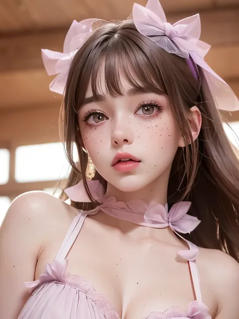 Beautiful girl; (Brown hair, with a nice bow); (honey colored eyes, pretty eyes, big eyelashes and thin cute eyebrows, full lips, Cupid and Heart shaped lips, pink and pretty lips); (pale white skin with pink tones; freckles and moles all over the body); (...