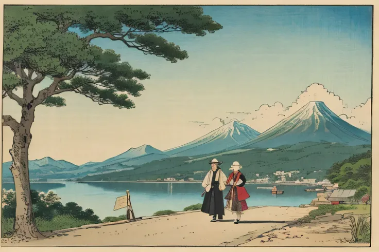 A toy poodle is taking a walk with its owner in Utagawa Hiroshiges landscape