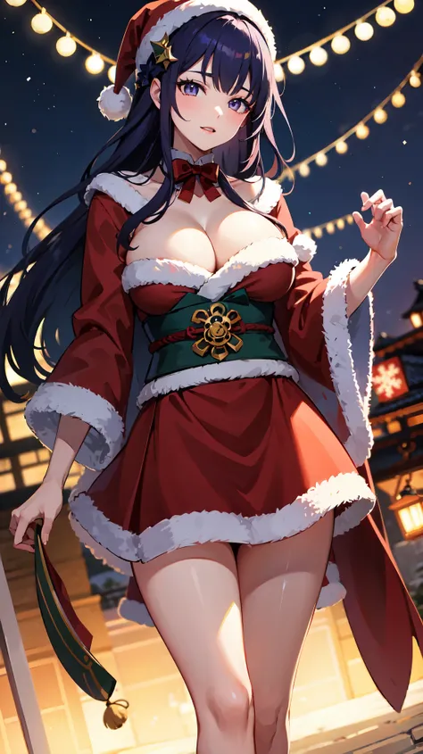 raidenshogundef, skirt, thighs, night, outdoor, cleavage, christmas, santa klaus, in the crowd