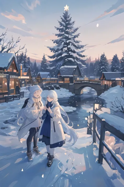  An emotional anime-style winter night scene 。On a bridge with snow piled up 、 Two characters stand while looking down a frozen river 。 the two exchange meaningful glances 、 One of them hides a small wrapped present behind 。 The bridge is decorated with sh...