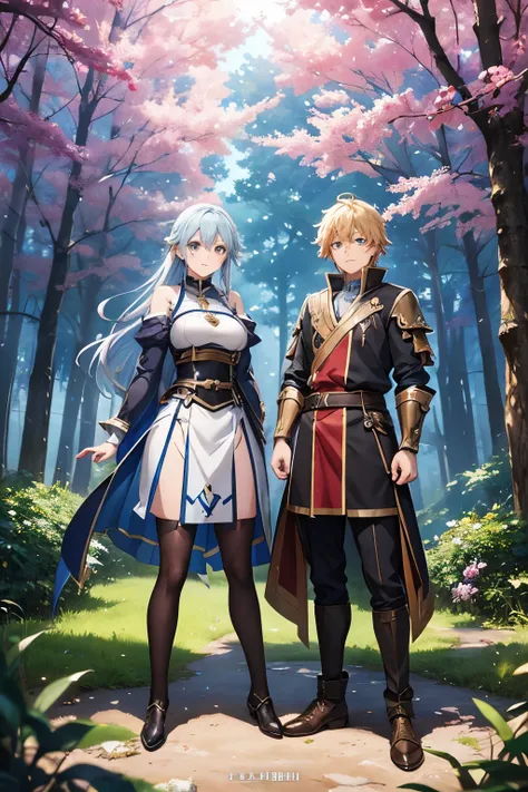 Couple of anime characters standing side by side in the woods, Popular Isekai anime , isekai,  Altria Pendragon, Fantasy style anime, everyone,  Clear and Vivid RPG Portrait , Artgerm and Atey Ghailan ,  Epic Light Novel Art Cover ,  guweiz style artwork, ...