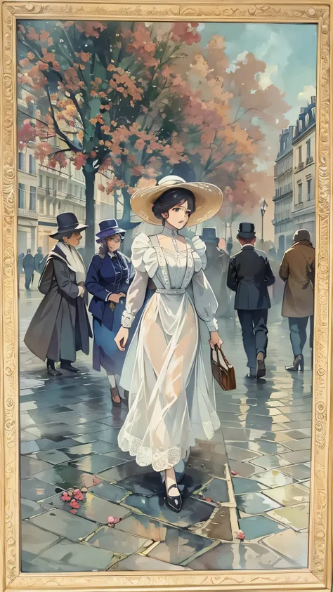 Paris , Storm scene, Edwardian Woman in White, watercolor  