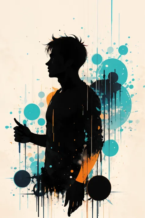 Silhouette of a posed street boy:dynamic pose:profile,Ink splash,Bold colors,dynamically,colorful,An abstract painting that looks like a person if you look closely,works of art,mysterious,design, best goes on