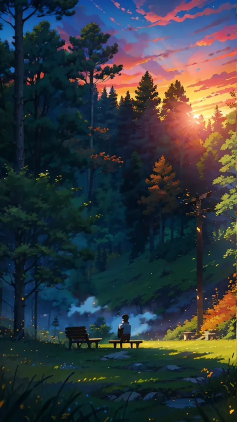 Creates an image of a serene, sunlit rural scene in a vibrant and detailed anime style. The scene is a boy sitting next to a tree in an autumn meadow, watching a vast golden yellow sky with bench spots, incredible sunset, tall grasses, makoto shinkai cyril...