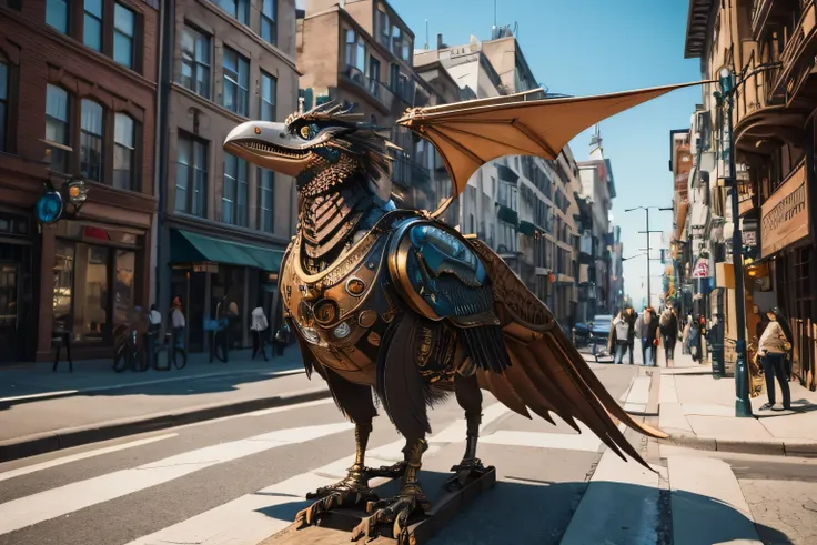 Theres a bird standing on the street , Mechanical Bird, robot bird , The first steampunk dragon,  steampunk fantasy  style, Steampunk digital art, A cute mechanical bird , digital Steampunk Art,  portrait of a woman with gold and copper mechanics , 3D rend...