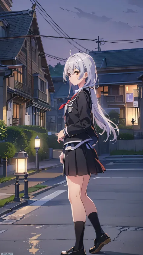 ((masterpiece)), (( top quality )), (( high res)), ((( Highly Detailed CG Unity 8K Wallpaper)), Alone, Tachibana Kanade , Promenade near Tan School Uniform, black skirt,  holding white socks ,  outdoors on the street at night, face, Curtain Hair,  Beach , ...