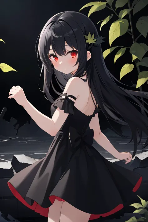  One girl , Black Hair,  long hair,  red eyes, dress with black leaves,  wearing a black dress,  wears a dark atmosphere, dark atmosphere , こちらを見て is staring,  is staring, I have a dark personality , Mysterious, Black leaf , Black leaves dancing ,  Black l...