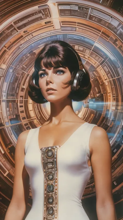 A woman in a white dress々Arafed image standing in front of, 70s Sci-Fi Art, Attractive brown-haired woman,  Movie Still Frames ,   Hyper Maximalist  , Promotional Rendering, By Menez, Cosmic Bjork,  steampunk from the side, Velma, Mars Attacks, Around 1970...