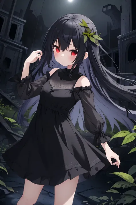  One girl , Black Hair,  long hair,  red eyes, dress with black leaves,  wearing a black dress,  wears a dark atmosphere, dark atmosphere , こちらを見て is staring,  is staring, I have a dark personality , Mysterious, Black leaf , Black leaves dancing ,  Black l...