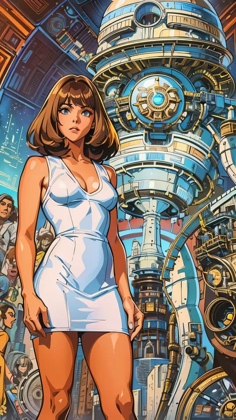 A woman in a white dress々Arafed image standing in front of, 70s Sci-Fi Art, Attractive brown-haired woman,  Movie Still Frames ,   Hyper Maximalist  , Promotional Rendering, By Menez, Cosmic Bjork,  steampunk from the side, Velma, Mars Attacks, Around 1970...