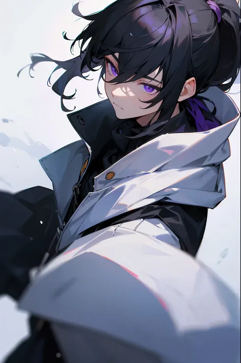 masterpiece, best quality, diluc , 1boy, male focus, Black hair, Violet eyes, long hair, solo, Snow background, hair between eyes, bangs, closed mouth, ponytail, Black Snow Hoodie Jacket, masked.