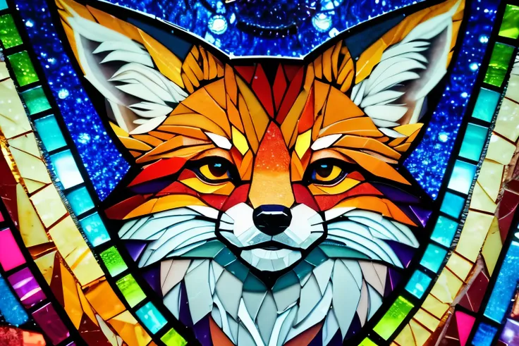  close-up of a fox face made of colorful glass, 狐の Details,  stained glass art,  Detailsなデジタルアートwork,  Detailsなポートレートショット, mosaic, photo mosaic,  Detailsなデジタルアート, Carrie Morris , ultra- Detailsなデジタルアート, a mosaic,Fox painting ,  Bernie DAndrea ,  Details, m...