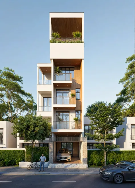 townhouse, Led light, spotlight out door, (modern style:1.2), (Open roof to see the sky), exterior design, perspective view, (open roof), Pavement, alphalt streets road, (next door neighbors house), (dawn light sky background), Low trees around the house, ...