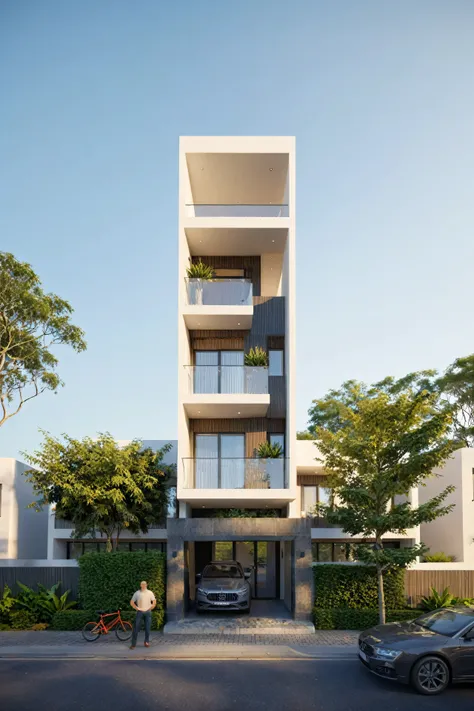 townhouse, Led light, spotlight out door, (modern style:1.2), (Open roof to see the sky), exterior design, perspective view, (open roof), Pavement, alphalt streets road, (next door neighbors house), (dawn light sky background), Low trees around the house, ...