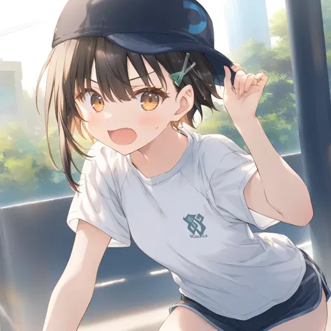 1girl, loli, tomboy, sweat, shorts,beautiful detailed eyes,open mouth,baseball_cap, outdoors, wind,  game CG, break,(artist:mitsumi_misato),artist:fujiyama,artist:kokonoka, break,(masterpiece), (best quality), (ultra-detailed),(Detailed Lighting), very aes...