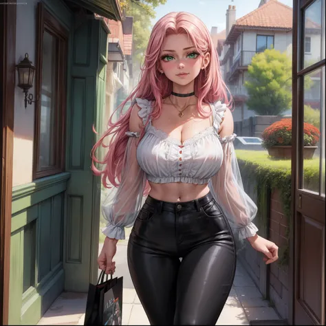 Masterpiece, beautiful art, 8k, art style by sciamano240, very detailed face, detailed hair, detailed clothes, detailed fabric, 1girl, beautiful face, long hair, hot pink hair , model head shot, facing camera, very detailed green eyes, sultry smile, wearin...