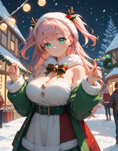 (best quality:1.2), (ultra-detailed:1.2), (2.5D:1.2), (Anime Moe Art Style), cute woman , pink-mint hair, two side up, Cyan eyes, gradient eyes, large breasts, Christmas market, evening, lights from garlands around, snow falling