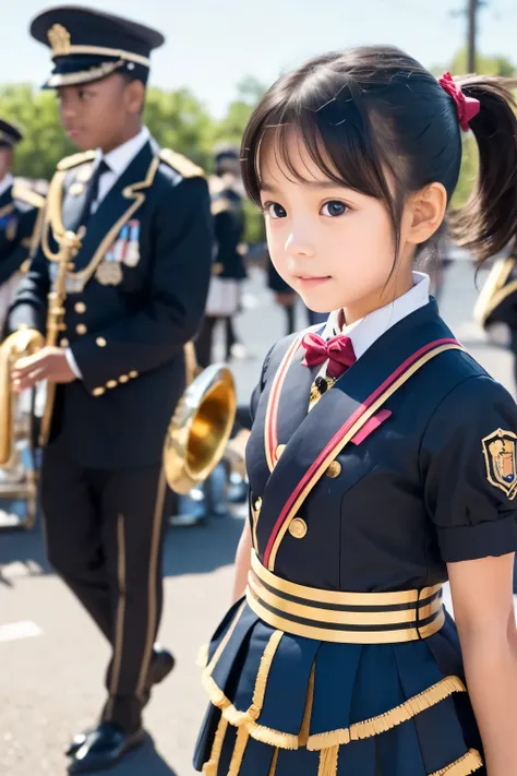  little young girl,black hair ,Brass band,ponytail 