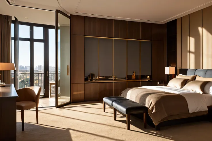 High definition,8k,Very detailed ,particular,Detail, This image shows a luxurious hotel room .  The following are the main features :

1. ** Space layout **:
    - There is a leather armchair and a small round table next to the window .
    - One wall of t...